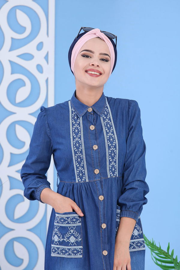 Nakış Detay Kot Elbise Lacivert - 02 6991 Lacivert - 6991