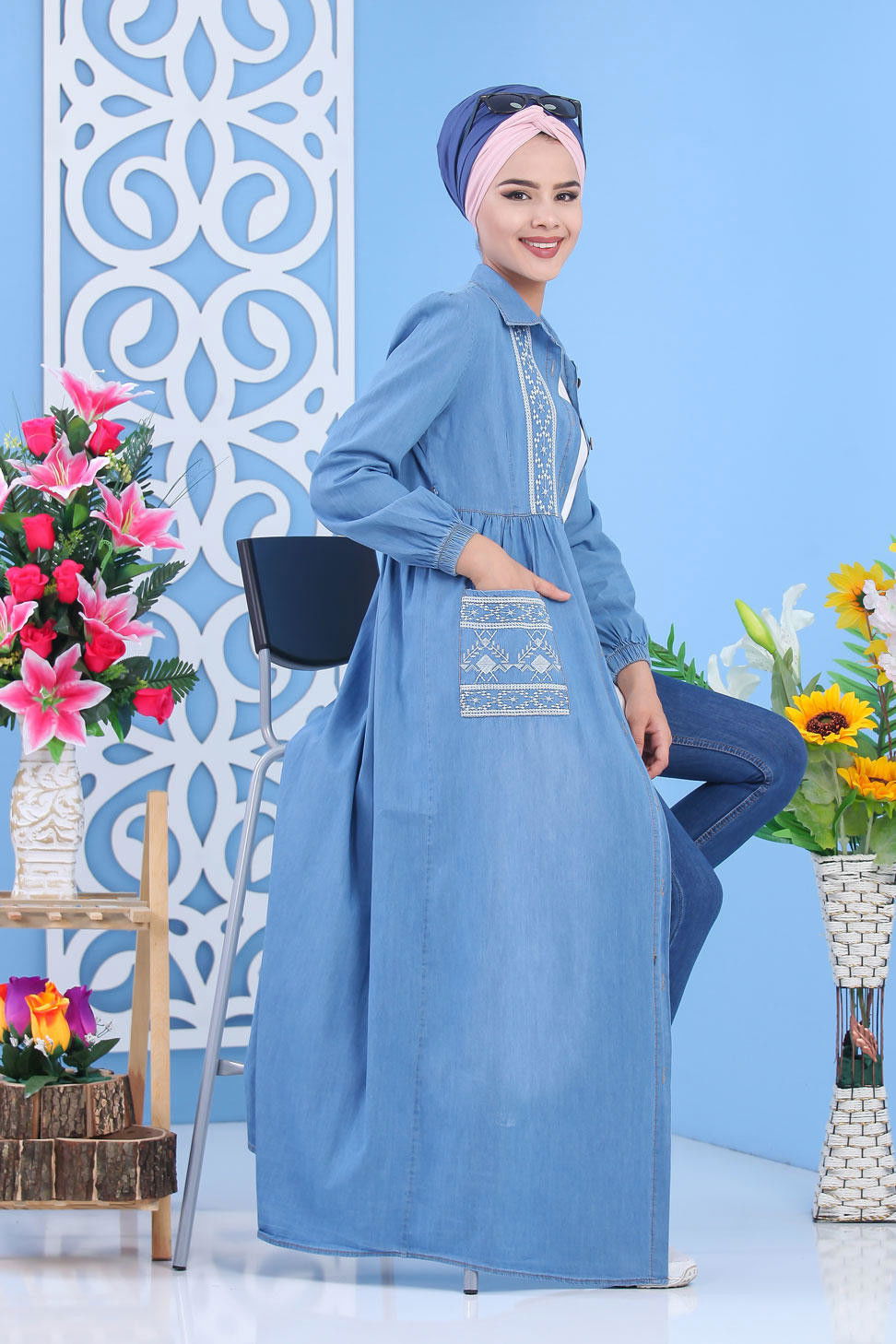 Nakış Detay Kot Elbise Mavi - 02 6991 Mavi - 6991