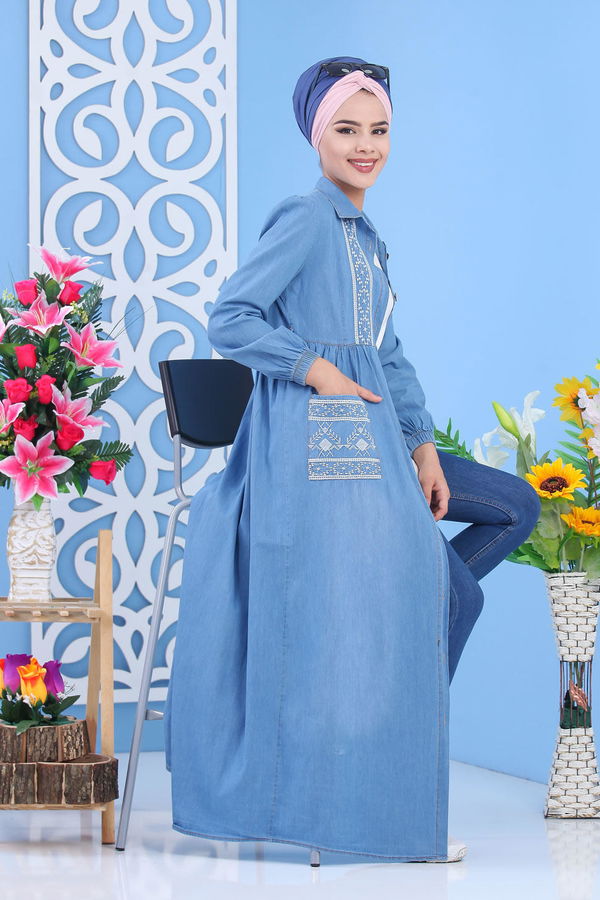 Nakış Detay Kot Elbise Mavi - 02 6991 Mavi - 6991