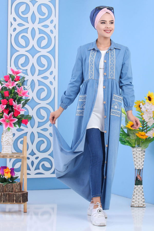 Nakış Detay Kot Elbise Mavi - 02 6991 Mavi - 6991