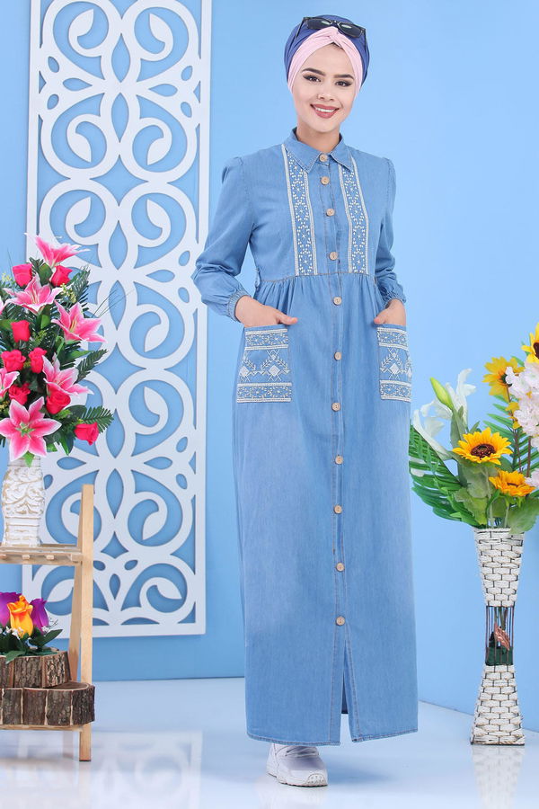 Nakış Detay Kot Elbise Mavi - 02 6991 Mavi - 6991