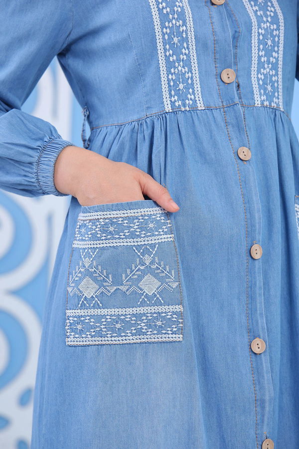Nakış Detay Kot Elbise Mavi - 02 6991 Mavi - 6991