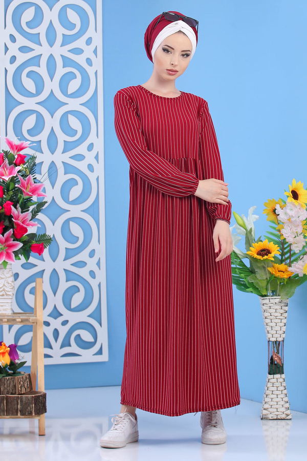 Çizgili Elbise Siyah 02 6889 Bordo - 6889