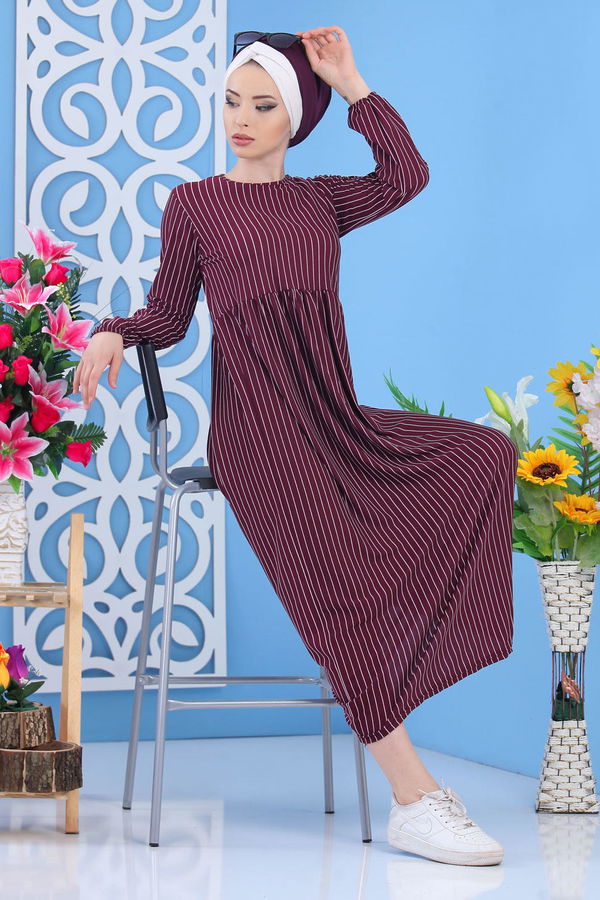 Çizgili Elbise Siyah 02 6889 Mürdüm - 6889