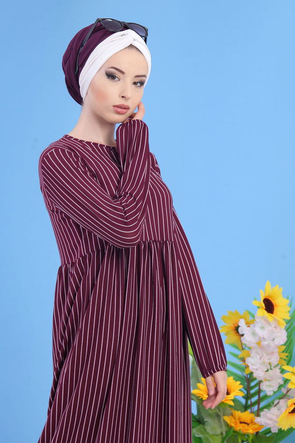 Çizgili Elbise Siyah 02 6889 Mürdüm - 6889