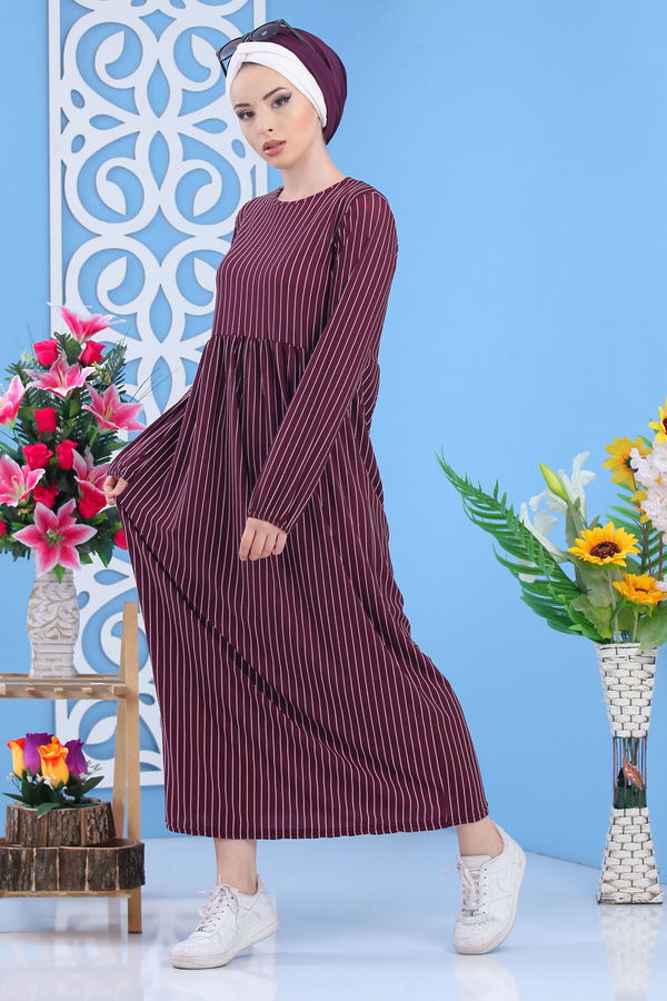 Çizgili Elbise Siyah 02 6889 Mürdüm - 6889