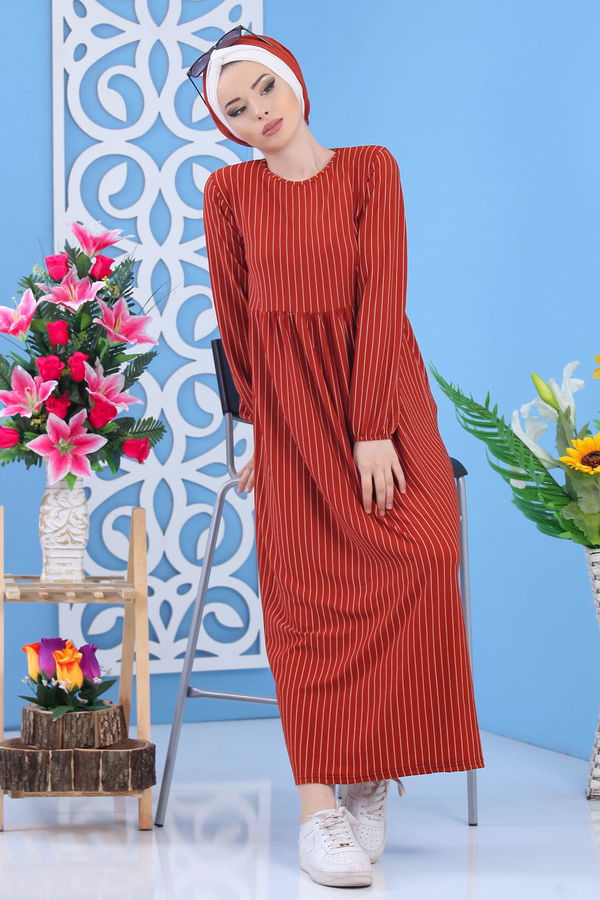 Çizgili Elbise Siyah 02 6889 Kiremit - 6889
