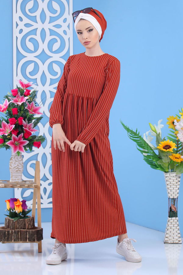 Çizgili Elbise Siyah 02 6889 Kiremit - 6889