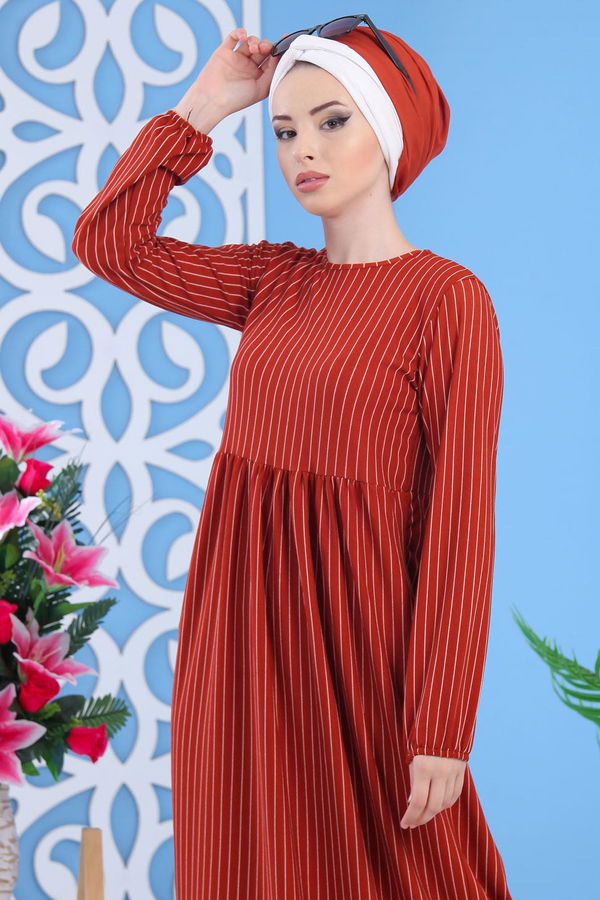 Çizgili Elbise Siyah 02 6889 Kiremit - 6889