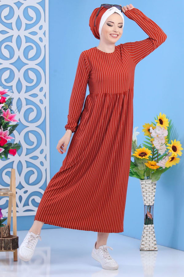 Çizgili Elbise Siyah 02 6889 Kiremit - 6889
