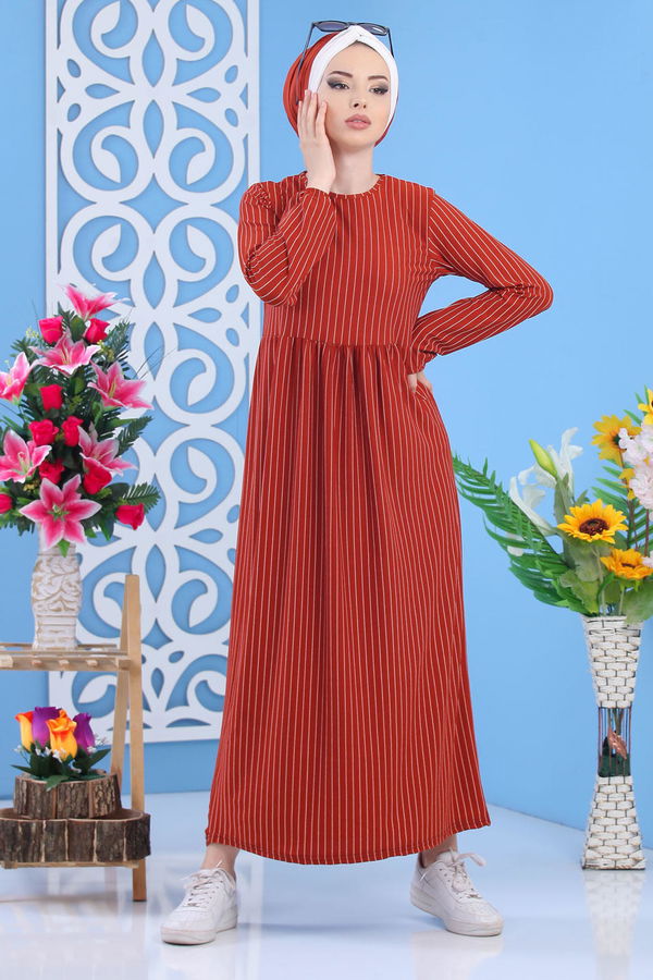 Çizgili Elbise Siyah 02 6889 Kiremit - 6889
