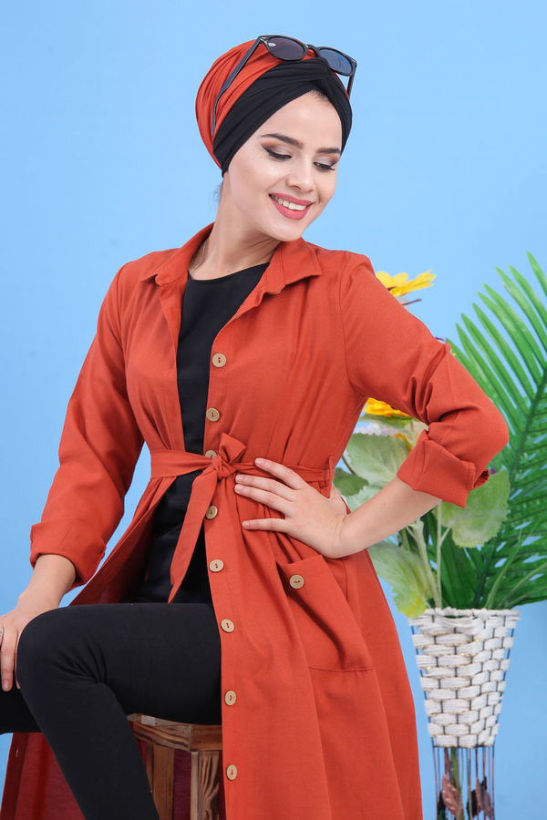 Dügmeli Elbise Kiremit - 02 7398 Kiremit - 7398