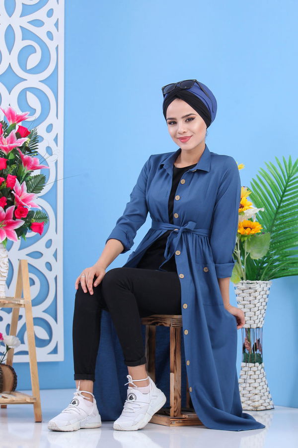 Dügmeli Elbise İndigo - 02 7398 Mavi - 7398 MAVİ