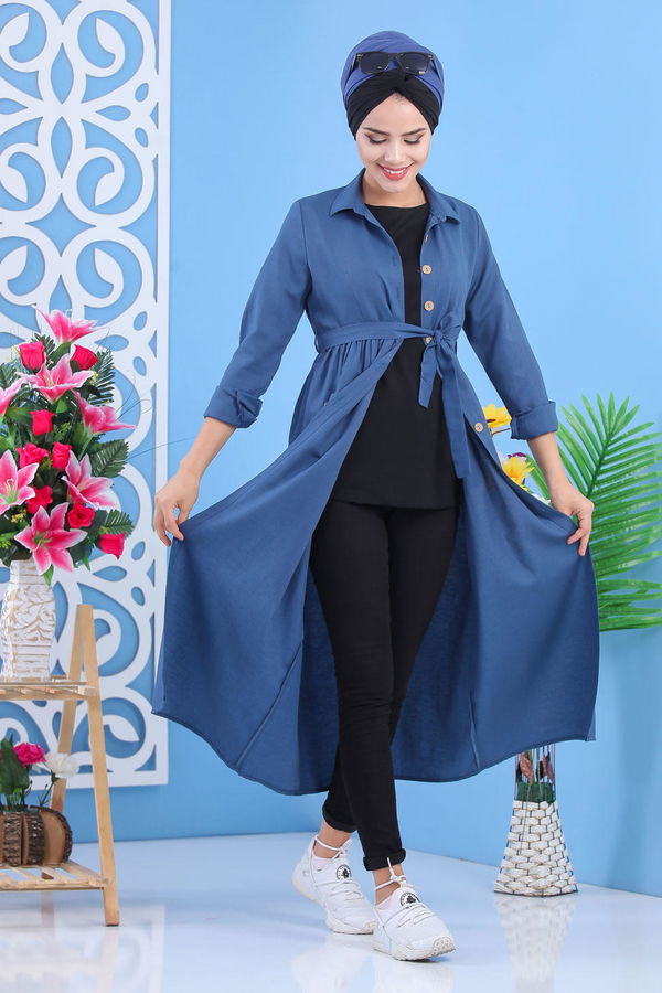Dügmeli Elbise İndigo - 02 7398 Mavi - 7398 MAVİ