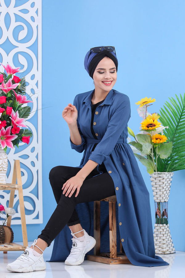 Dügmeli Elbise İndigo - 02 7398 Mavi - 7398 MAVİ