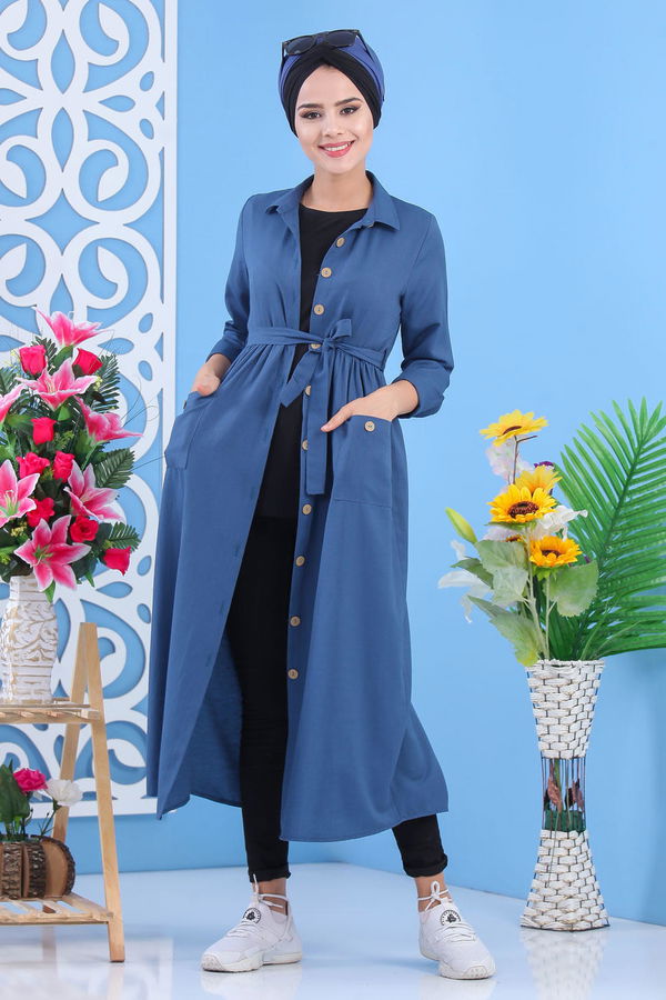 Dügmeli Elbise İndigo - 02 7398 Mavi - 7398 MAVİ