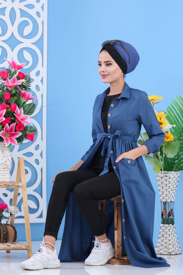 Dügmeli Elbise İndigo - 02 7398 Mavi - 7398 MAVİ