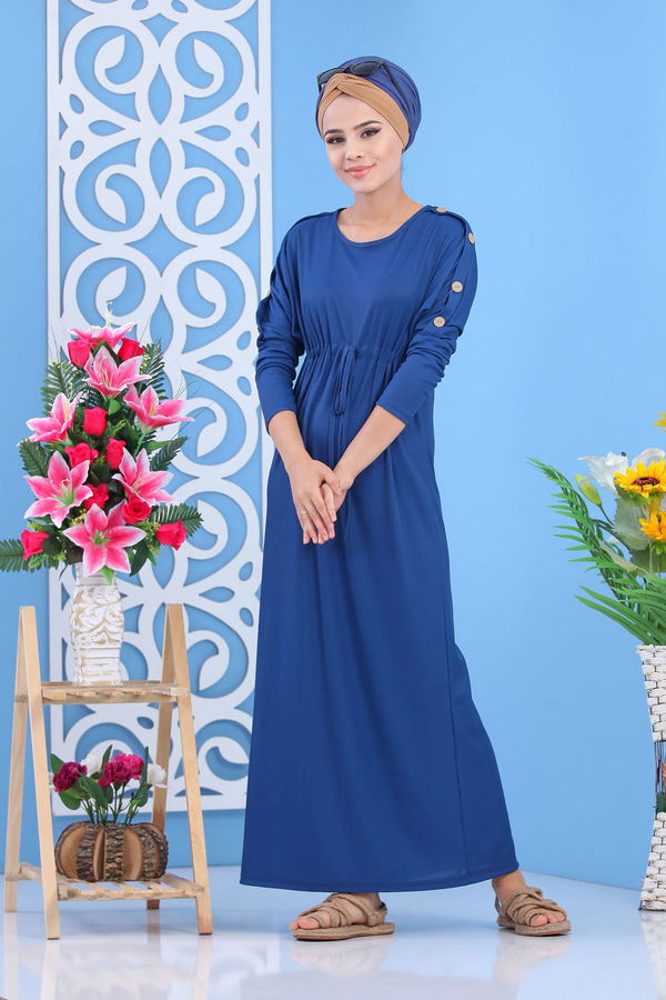 Dügme Detay Elbise Siyah Mavi - 7421