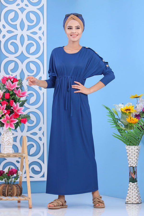 Dügme Detay Elbise Siyah Mavi - 7421
