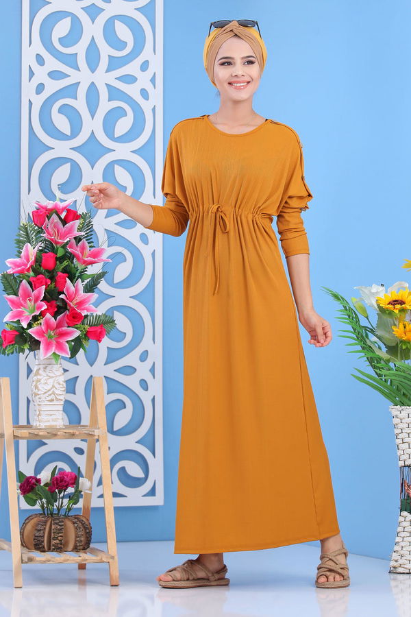 Dügme Detay Elbise Siyah Sarı - 7421 Sarı