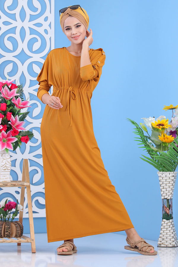 Dügme Detay Elbise Siyah Sarı - 7421 Sarı