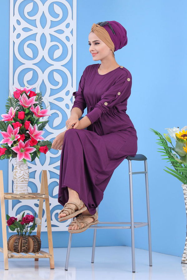 Dügme Detay Elbise Siyah Mor - 7421
