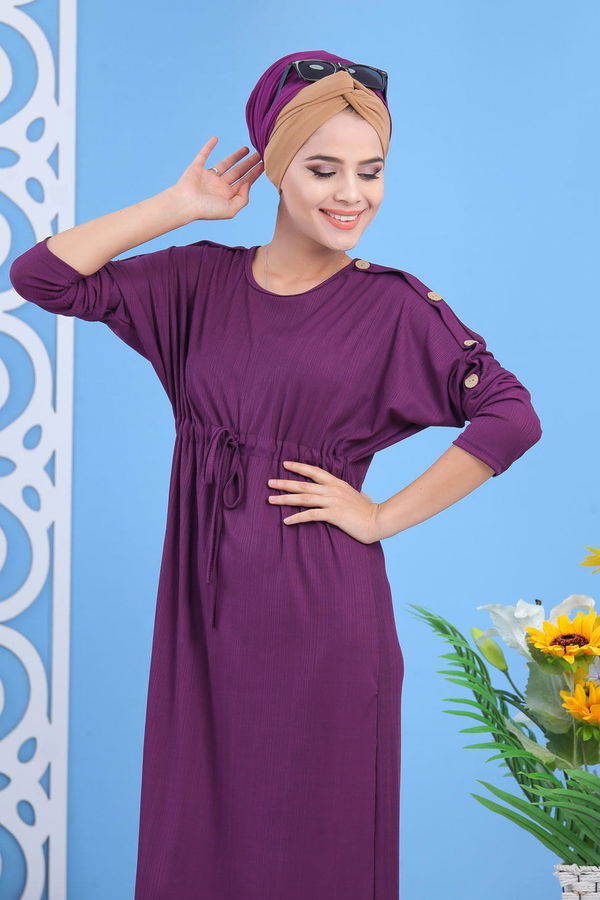 Dügme Detay Elbise Siyah Mor - 7421