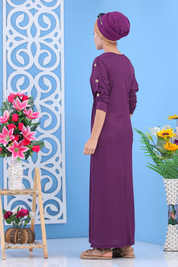 Dügme Detay Elbise Siyah Mor - 7421