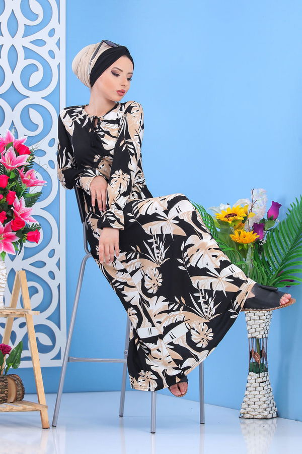 Çiçek Desen Elbise Siyah Vizon Siyah - 7425