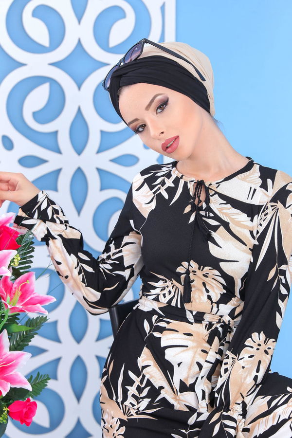Çiçek Desen Elbise Siyah Vizon Siyah - 7425