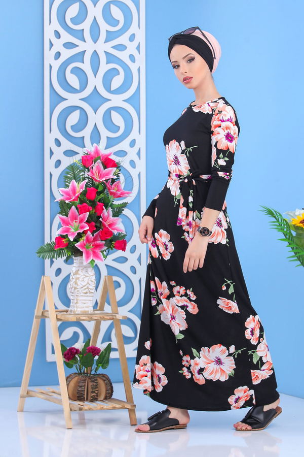 Çiçek Desen Elbise Siyah Siyah - 7426