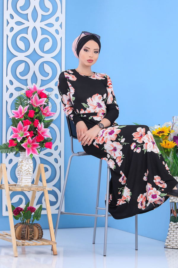 Çiçek Desen Elbise Siyah Siyah - 7426