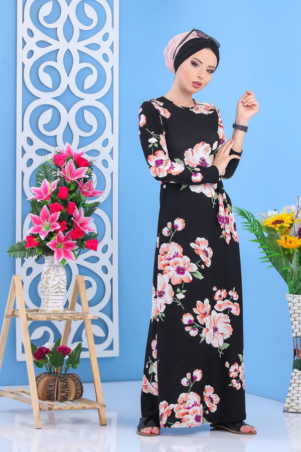 Çiçek Desen Elbise Siyah Siyah - 7426