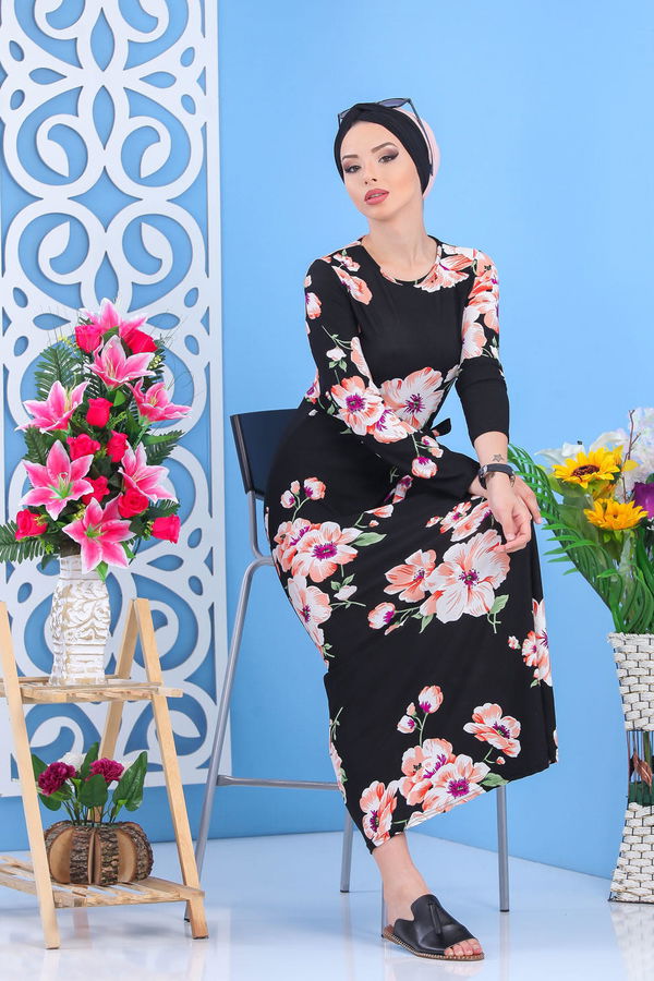 Çiçek Desen Elbise Siyah Siyah - 7426