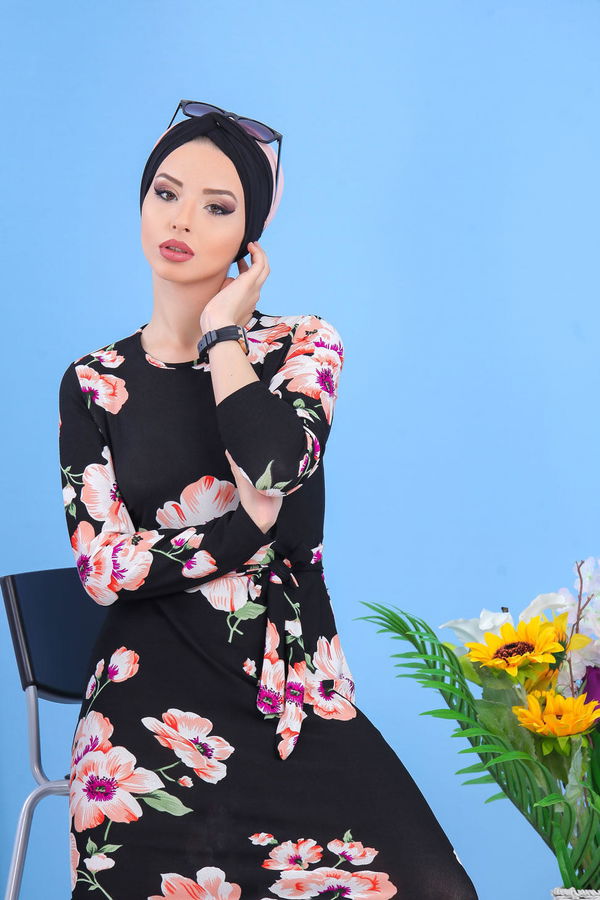 Çiçek Desen Elbise Siyah Siyah - 7426