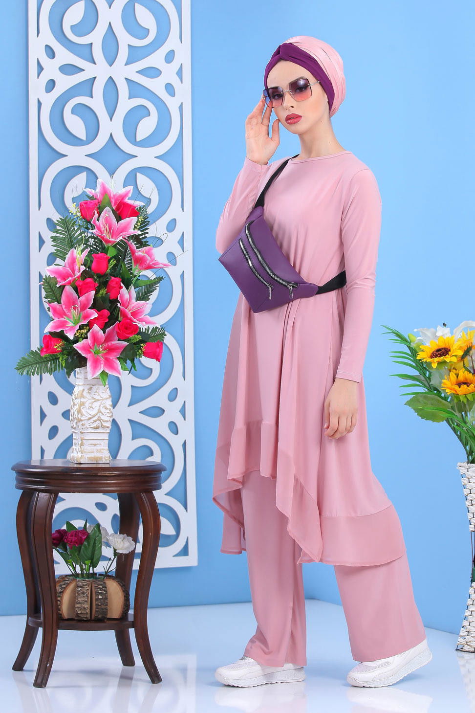 Tunik Pantolon Siyah Pembe - 7342