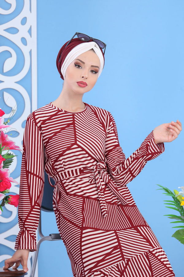 Çizgili Elbise Haki Bordo - 7460
