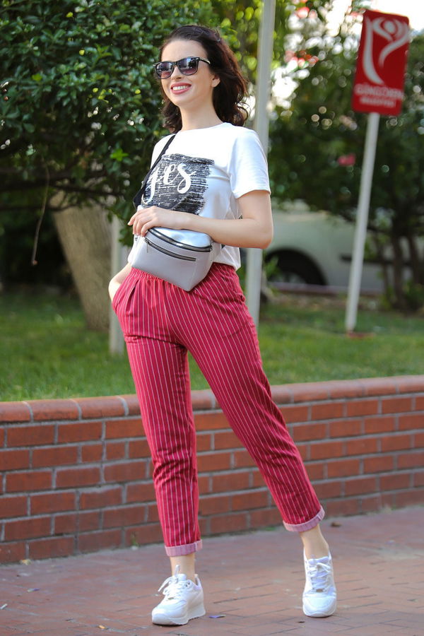 Çizgili Pantolon Çanta Siyah Pudra Bordo - 7474