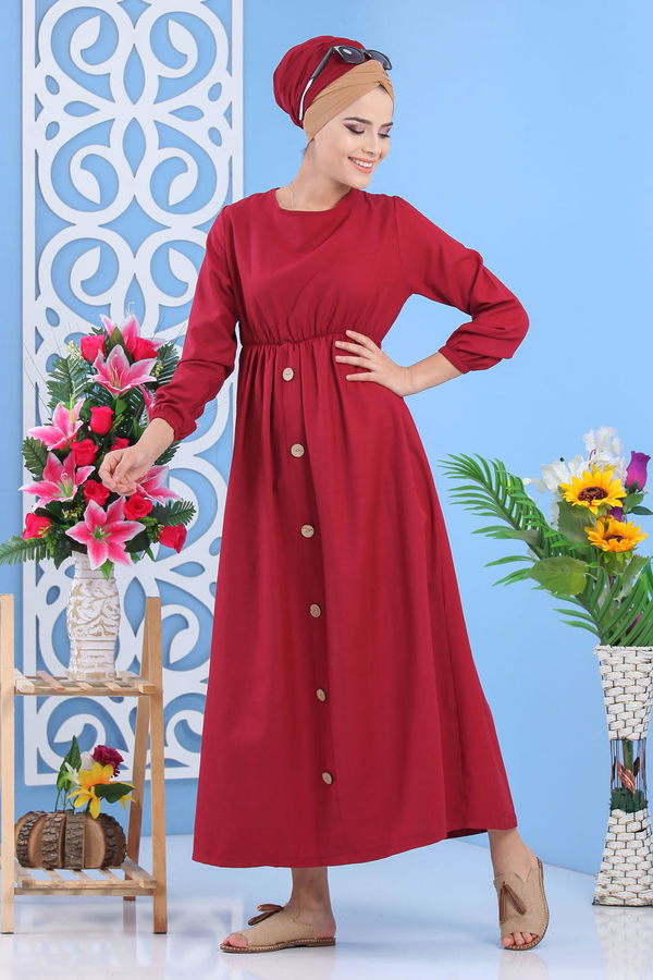 Dügme Detay Elbise Siyah Bordo - 7160