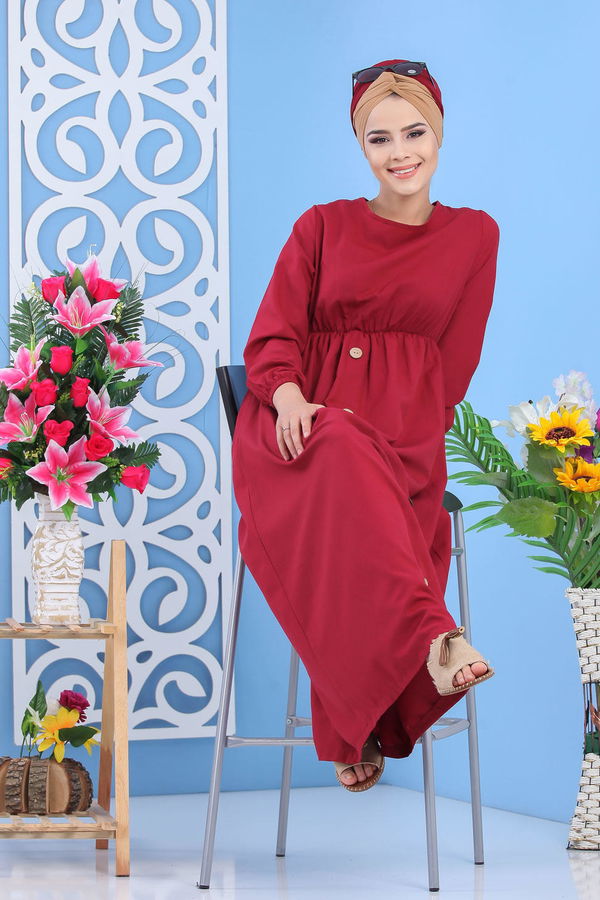 Dügme Detay Elbise Siyah Bordo - 7160