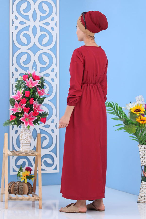 Dügme Detay Elbise Siyah Bordo - 7160