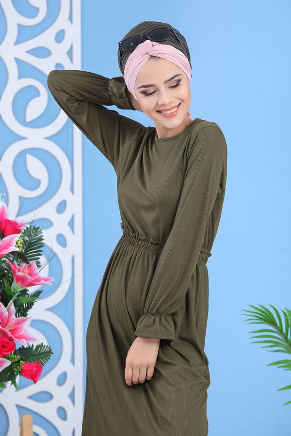 Bel Büzgülü Elbise Siyah Haki - 7479