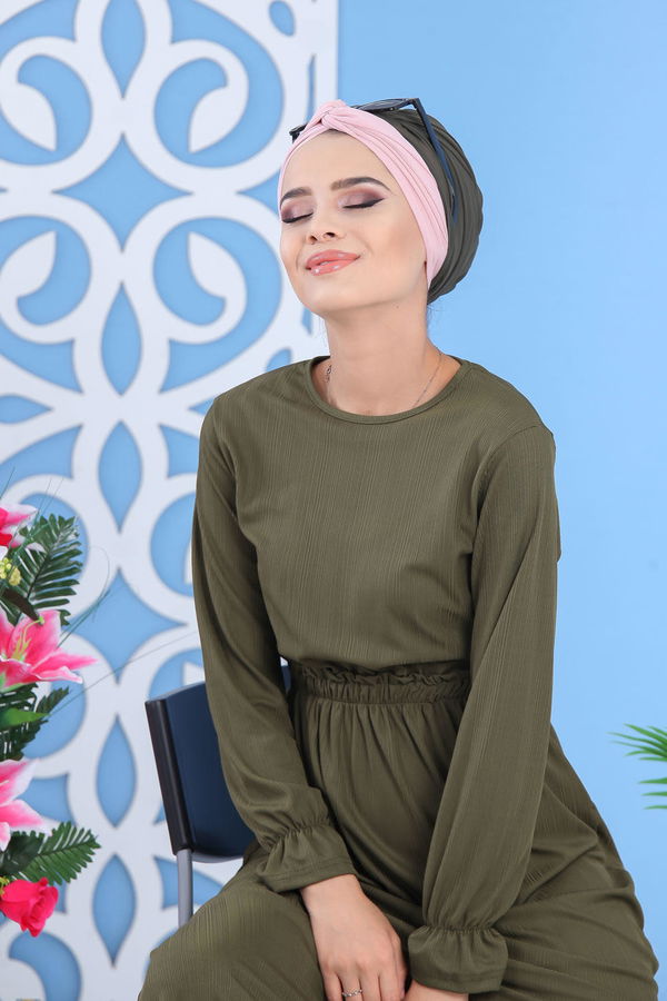 Bel Büzgülü Elbise Siyah Haki - 7479