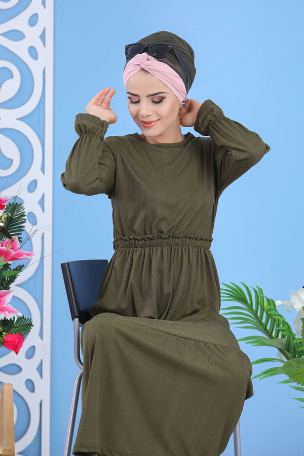 Bel Büzgülü Elbise Siyah Haki - 7479