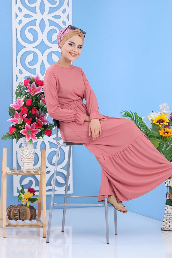 Bel Büzgülü Elbise Siyah Pembe - 7479 PEMBE
