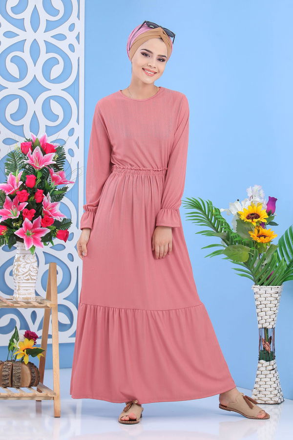 Bel Büzgülü Elbise Siyah Pembe - 7479 PEMBE