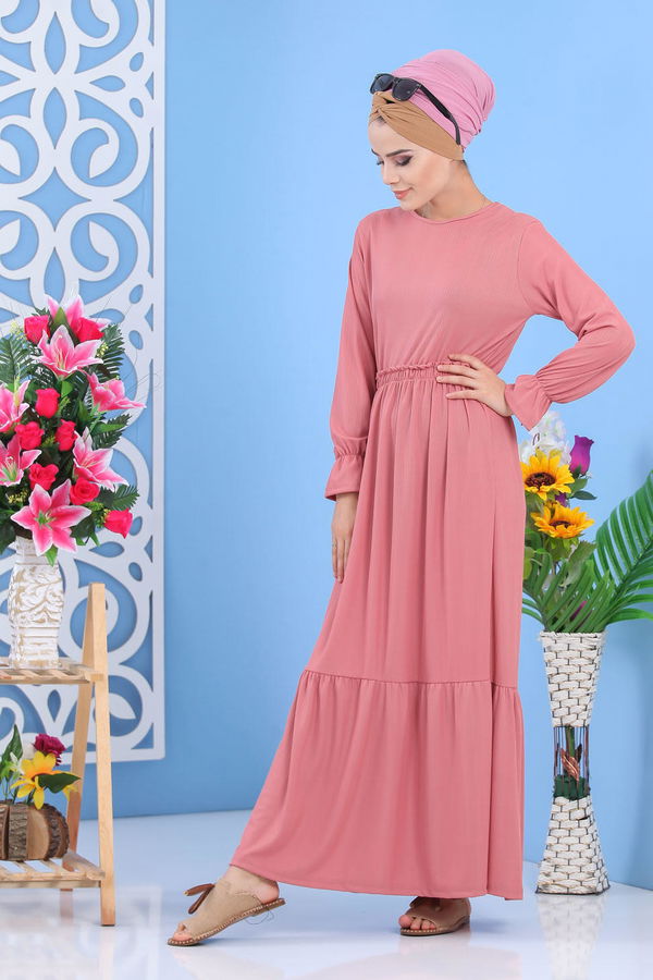 Bel Büzgülü Elbise Siyah Pembe - 7479 PEMBE