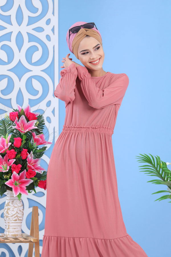 Bel Büzgülü Elbise Siyah Pembe - 7479 PEMBE