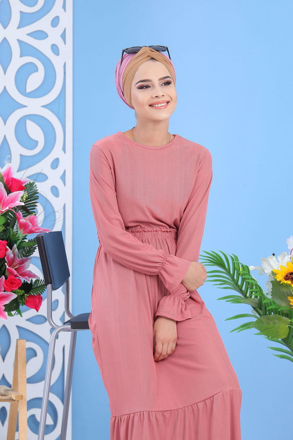 Bel Büzgülü Elbise Siyah Pembe - 7479 PEMBE