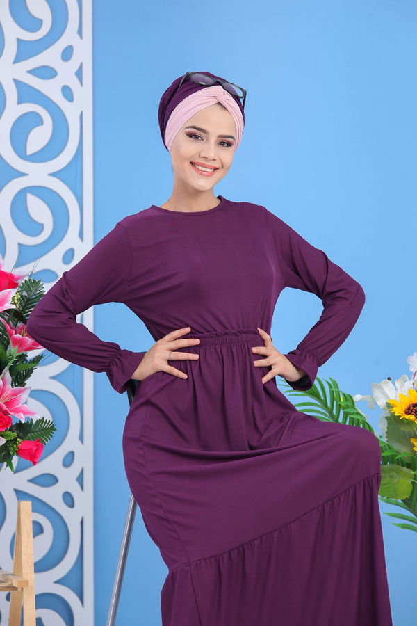 Bel Büzgülü Elbise Siyah Mor - 7479
